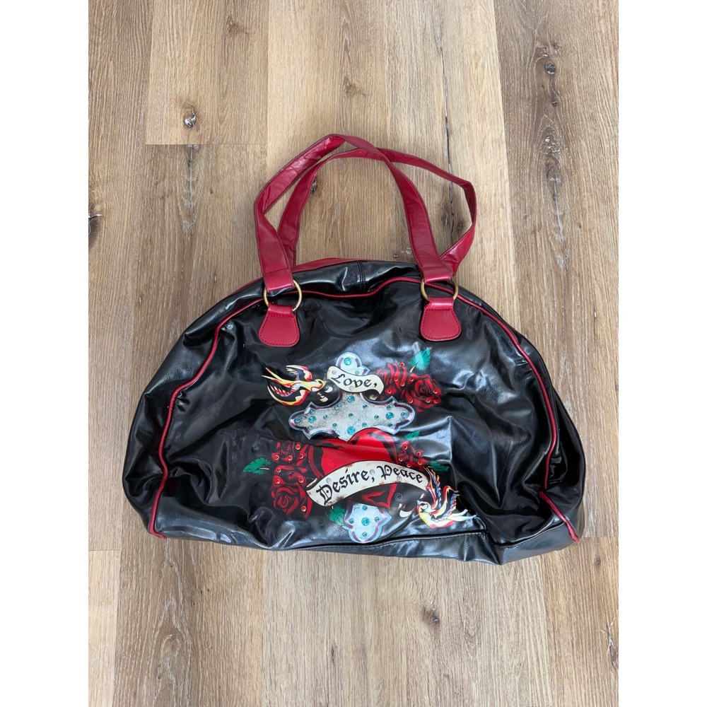 Ed Hardy Y2K Tattoo Art Tote Bag Womens Large Black Red Faux Leather Rhinestone